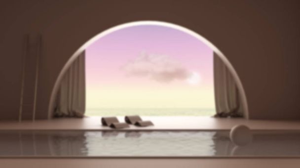 Blur background interior design, imaginary fictional architecture, interior design of empty space with arched window with curtain, concrete walls, swimming pool with chaise longue - 写真・画像