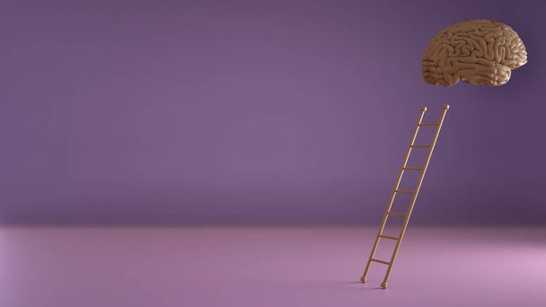 Step ladder leading to human floating brain on violet background. Growth, future, development, creativity, intelligence concept idea. Minimal composition mockup with copy space - Photo, Image