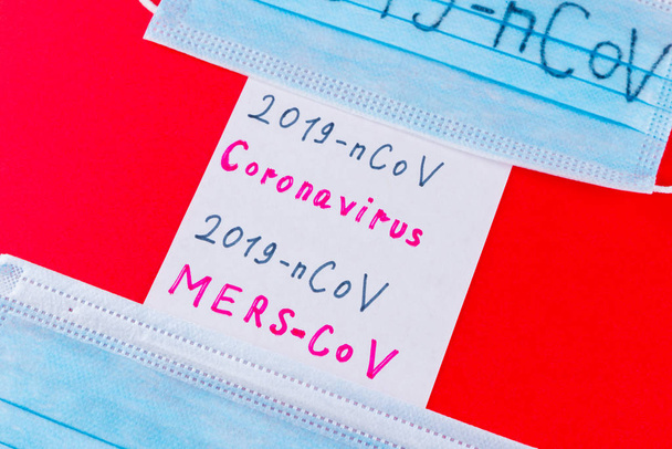 Coronavirus - 2019-nCoV. Medical mask with 2019-nCoV text. Chinese coronavirus outbreak. MERS-Cov middle East respiratory syndrome coronavirus. Red background - Foto, afbeelding