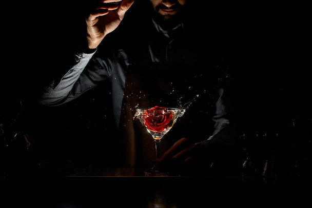 Ammattimainen baarimikko heittää punaisen ruusun nupun martini-lasiin, jossa on kultainen cocktail pimeässä
 - Valokuva, kuva