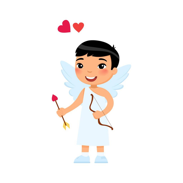 Kleine glimlachende mannelijke cupido platte vector illustratie. Valentijnsdag symbool. Kind met vleugels met pijlen en boog karakter. 14 februari vakantie. Schattig engel geïsoleerd ontwerp element - Vector, afbeelding