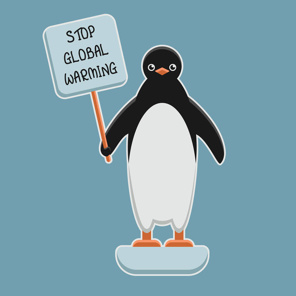 Stop global warming penguin at melting iceberg, vector - Vector, Image
