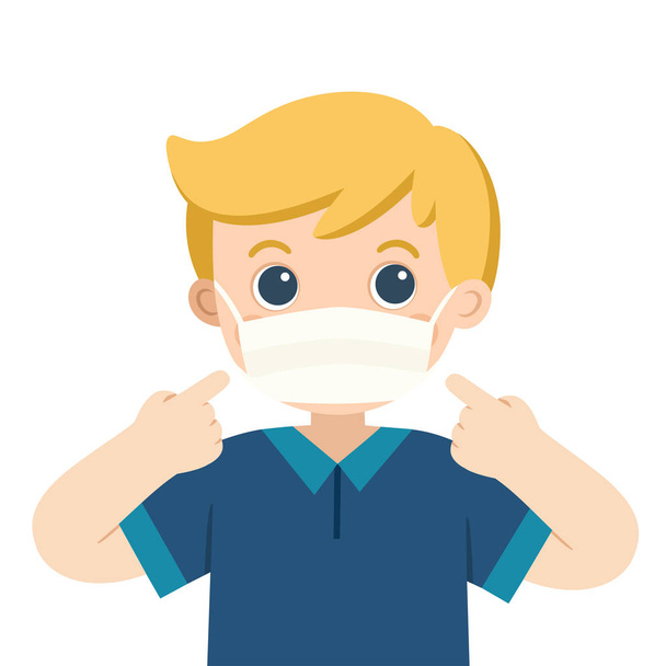 Симпатичный мальчик носит медицинскую маску. Гигиеническая маска. Защита вирусов
. - Вектор,изображение