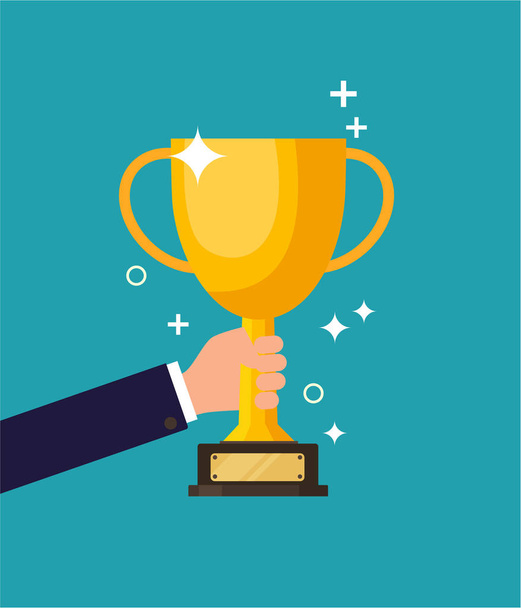 Winner holds Trophy Icon. The vector golden trophy is a symbol of victory in a sporting event. Champion Prize for first place. Concept of success and business goals. isolated background. - Vector, imagen