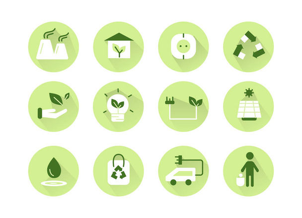 Un conjunto de iconos de la ecología. Guardar la naturaleza, utilizar paneles solares, reciclar, viajar en eco-coches
. - Vector, imagen