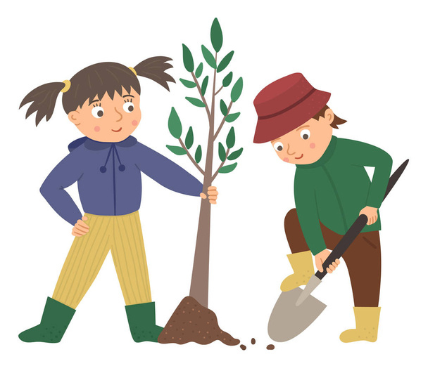 Ilustração vetorial de crianças plantando árvore isolada em branco
  - Vetor, Imagem