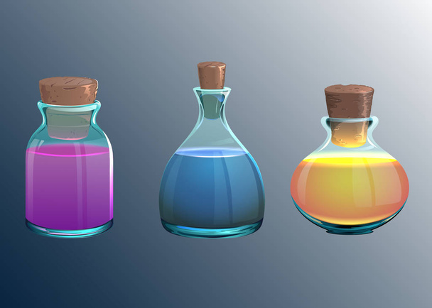 Glass potion bottles. Vector containers with liquid. Cartoon illustrations - ベクター画像