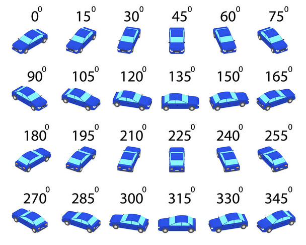 Farklı açılardan 24 Sedan araba seti. Mavi bir arabanın 15 derecelik dönüşünün animasyonu.  - Vektör, Görsel