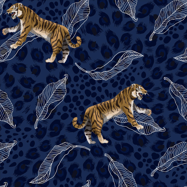 Seamless pattern with tigers and leaves. Vector. - Vektör, Görsel