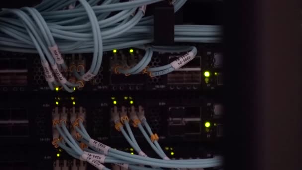 Az adatközponthoz csatlakoztatott optikai szálas kábelek. Sötét szerverállvány. - Felvétel, videó