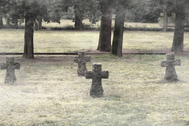 Graveyard with old medieval gravestone in shape of cross on the meadow in the cloudy and cold winter day. Photo in sepia color technique - Photo, Image
