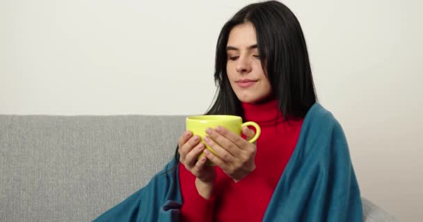 Young girl sitting on the sofa with plaid and cup of tea, warm up in home. Girl in the plaid. Look into the camera - Footage, Video