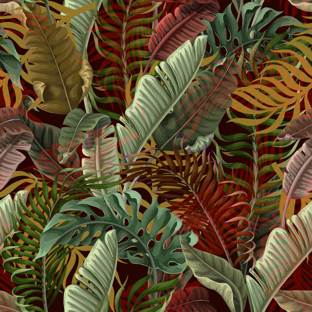Seamless pattern with tropical leaves on black background. Vector. - Vector, Image