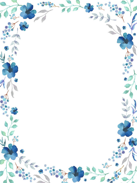 Floral frame template with blue flowers and swirly leaves on white background. - Vector, Image