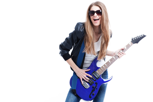 young beautiful woman whith electric guitar - Foto, Imagen