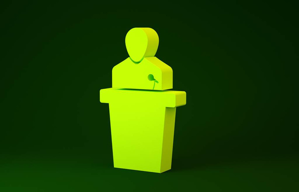 Yellow Speaker icon isolated on green background. Orator speaking from tribune. Public speech. Person on podium. Minimalism concept. 3d illustration 3D render - Photo, Image