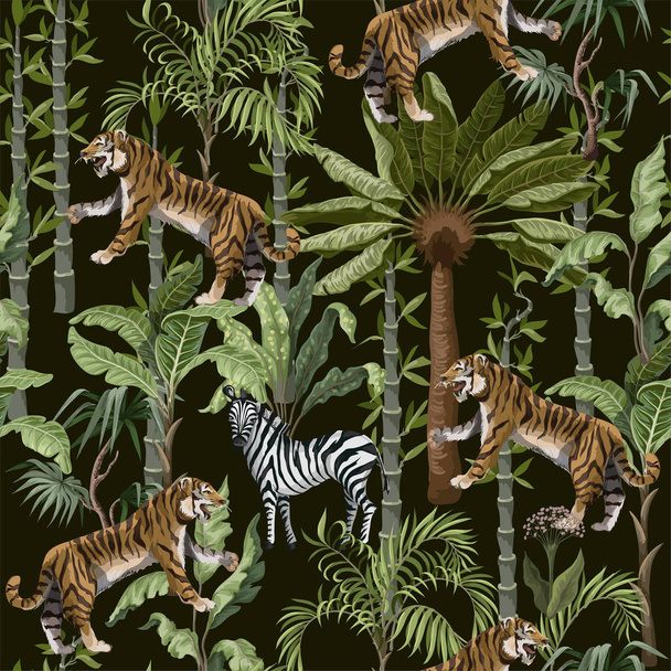 虎、サギ、ジャングルの木とチノワズリースタイルのシームレスなパターン. - ベクター画像