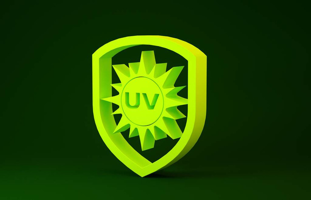 Żółta ikona ochrony Uv izolowana na zielonym tle. Słońce i tarcza. Promieniowanie ultrafioletowe. Spf znak słońca. Koncepcja minimalizmu. Ilustracja 3d - Zdjęcie, obraz