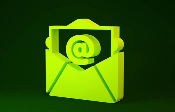 Ikona Žlutá pošta a e-mail izolované na zeleném pozadí. E-mail - symbol obálky. Podpis e-mailové zprávy. Minimalismus. 3D ilustrace 3D vykreslení - Fotografie, Obrázek