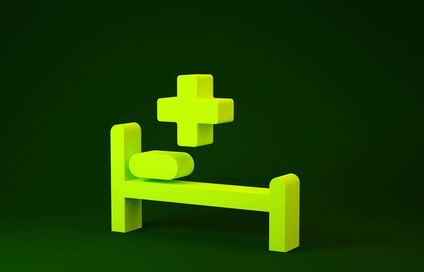 Sárga kórházi ágy orvosi szimbólummal a sürgősségi - Star of Life ikon elszigetelt zöld alapon. Minimalizmus koncepció. 3d illusztráció 3d render - Fotó, kép