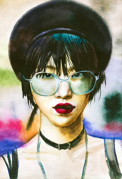 Akvarel portrét asijské mladé ženy. Ručně kreslený portrét dívky krásy. módní ilustrace moderního stylu - Fotografie, Obrázek