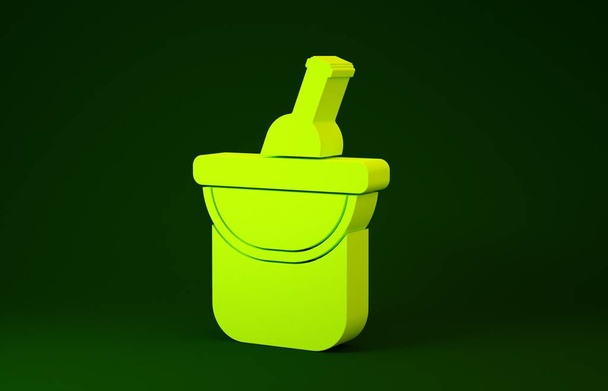 Botella amarilla de vino en un icono de cubo de hielo aislado sobre fondo verde. Concepto minimalista. 3D ilustración 3D render
 - Foto, imagen