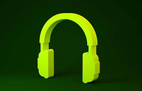 Žluté sluchátka ikona izolované na zeleném pozadí. Nápis na sluchátka. Koncepční objekt pro poslech hudby, služby, komunikace a operátora. Minimalismus. 3D ilustrace 3D vykreslení - Fotografie, Obrázek