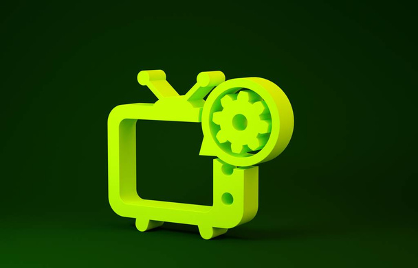 黄色のテレビとギアアイコンは緑の背景に隔離されています。テレビサービスの概念。アプリの調整、オプションの設定、メンテナンス、修理、修正。最小限の概念。3Dイラスト3Dレンダリング - 写真・画像