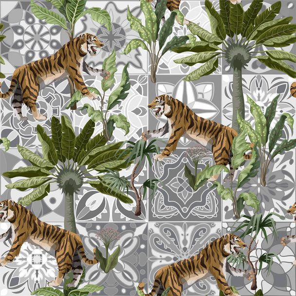 虎や熱帯の木とシームレスなパターン。ベクトル. - ベクター画像