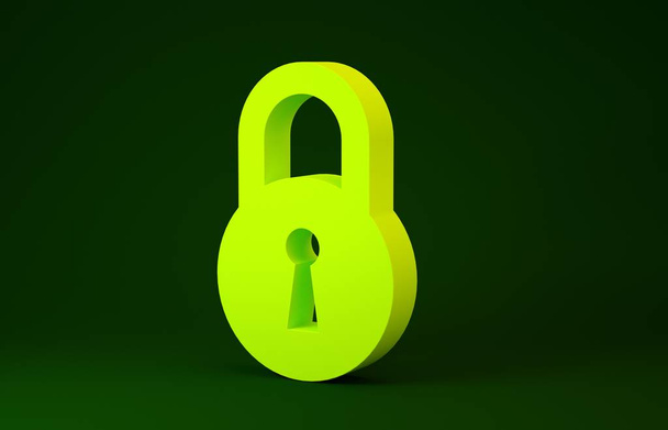Κίτρινη κλειδαριά εικονίδιο που απομονώνεται στο πράσινο φόντο. Σύμβολο Padlock. Ασφάλεια, ασφάλεια, προστασία, έννοια της ιδιωτικής ζωής. Μινιμαλιστική έννοια. 3d απεικόνιση 3D καθιστούν - Φωτογραφία, εικόνα