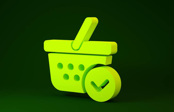 Sárga kosár ellenőrző jel ikon elszigetelt zöld háttér. Szupermarket kosár jóváhagyott, megerősítés, kullancs, kitöltött szimbólum. Minimalizmus koncepció. 3d illusztráció 3d render - Fotó, kép