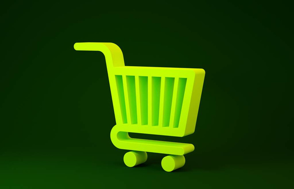 Ikona žlutého nákupního košíku izolovaná na zeleném pozadí. Online nákupní koncept. Podpis doručovací služby. Symbol supermarketu. Minimalismus. 3D ilustrace 3D vykreslení - Fotografie, Obrázek