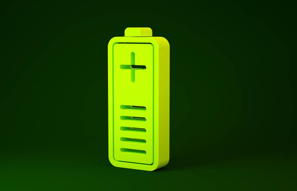 Yellow Battery charge level indicator icon isolated on green background. Minimalism concept. 3d illustration 3D render - Photo, Image