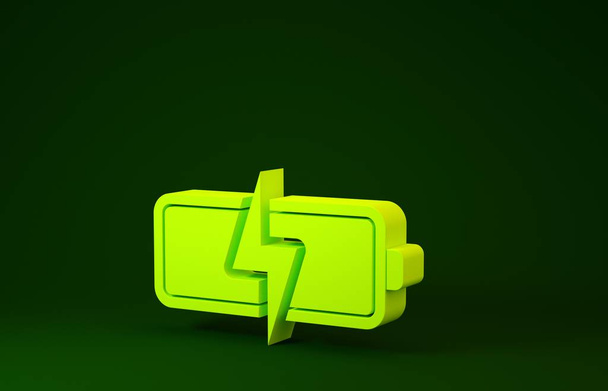 Gele batterij pictogram geïsoleerd op groene achtergrond. Bliksemschicht symbool. Minimalisme concept. 3d illustratie 3d renderen - Foto, afbeelding
