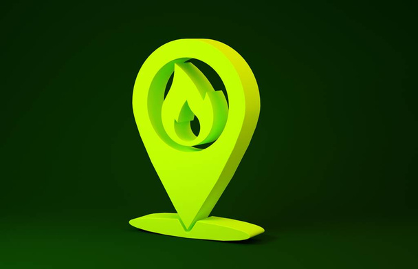 Ponteiro de mapa amarelo com ícone de chama de fogo isolado no fundo verde. Disparar perto. Conceito de minimalismo. 3D ilustração 3D render
 - Foto, Imagem