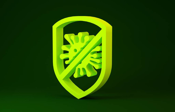 Keltainen Stop virus, bakteerit, bakteerit ja mikrobi kuvaketta eristetty vihreällä pohjalla. Antibakteerinen ja antiviraalinen puolustus, suojainfektio. Minimalismin käsite. 3d kuva 3D renderöinti
 - Valokuva, kuva