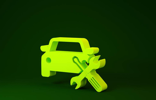 Gele auto met schroevendraaier en moersleutel pictogram geïsoleerd op groene achtergrond. Aanpassen, service, instelling, onderhoud, reparatie, vaststelling. Minimalisme concept. 3d illustratie 3d renderen - Foto, afbeelding