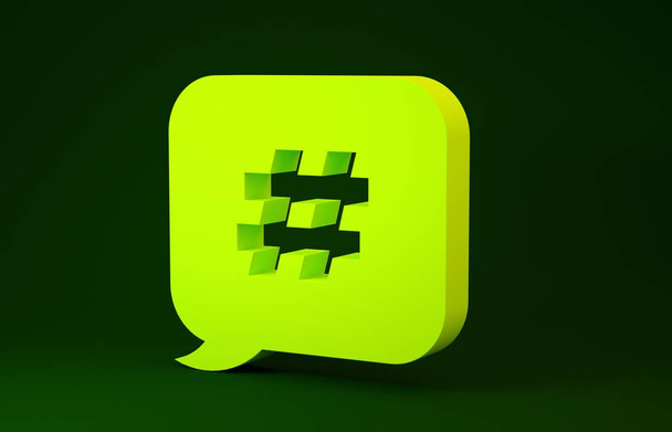 Icono de burbuja de voz Hashtag amarillo aislado sobre fondo verde. Concepto de signo numérico, marketing en redes sociales, micro blogging. Concepto minimalista. 3D ilustración 3D render
 - Foto, imagen