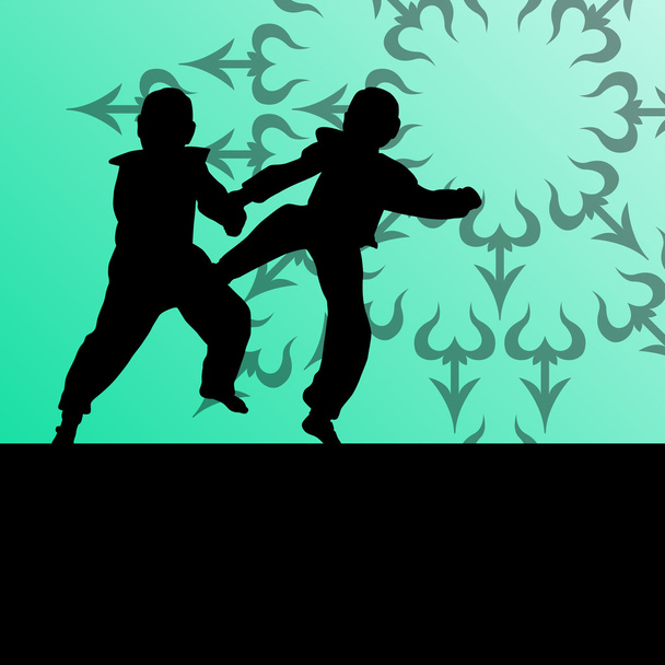 Active tae kwon do martial arts fighters combat fighting and kic - Vector, Image