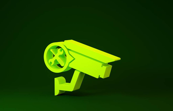 Yellow Security camera with screwdriver and wrench icon isolated on green background. Adjusting, service, setting, maintenance, repair, fixing. Minimalism concept. 3d illustration 3D render - Photo, Image