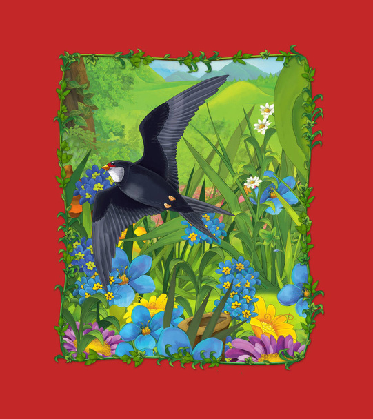 cartoon scene with beautiful cuckoo bird flying over the meadow - illustration - Photo, Image