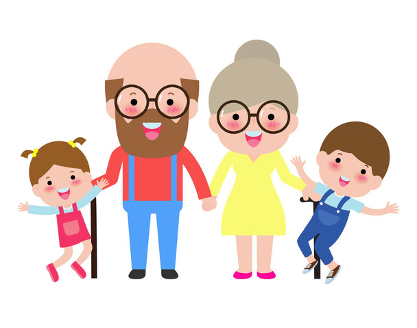 παππούδες με παιδιά, εγγονός και εγγονή πορτρέτο, Ευτυχισμένοι παππούδες με τα εγγόνια διανυσματική απεικόνιση απομονωμένη σε λευκό φόντο - Διάνυσμα, εικόνα
