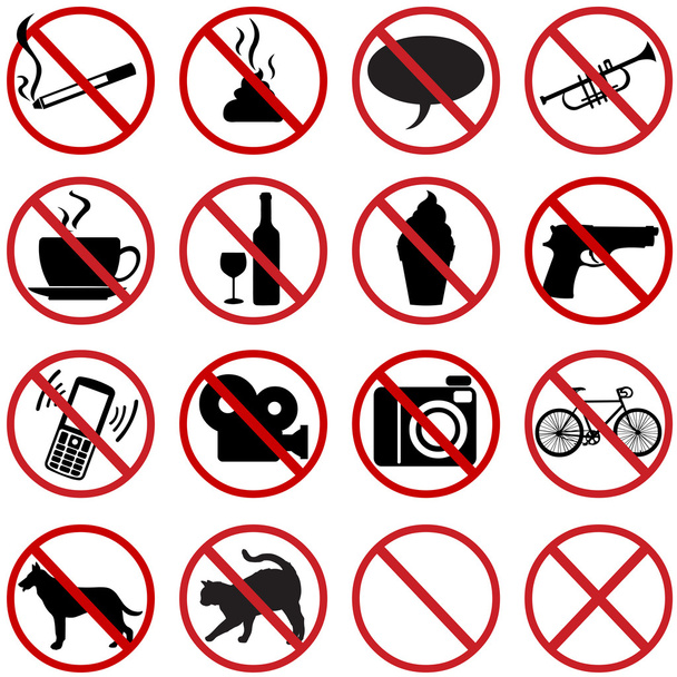 Conjunto de iconos vectoriales - 16 signos de prohibición plana
 - Vector, Imagen