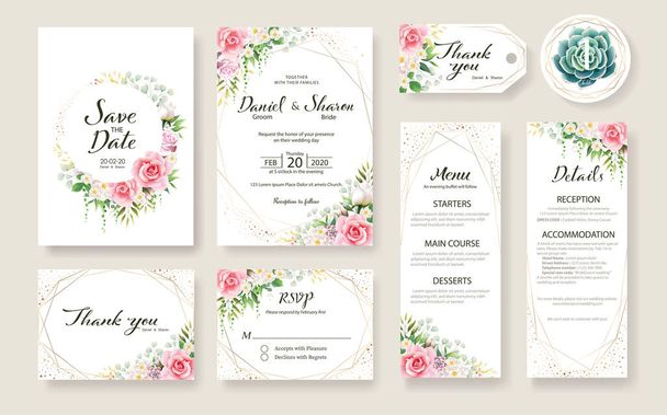 Floral Wedding Invitation card, sla de datum, dank u, rsvp sjabloon. - Vector, afbeelding