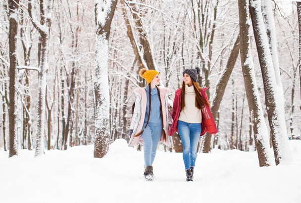 Portrait two young beautiful women walking in winter park - Foto, Imagen