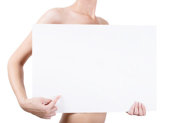 Naked woman holding blank board - Foto, imagen