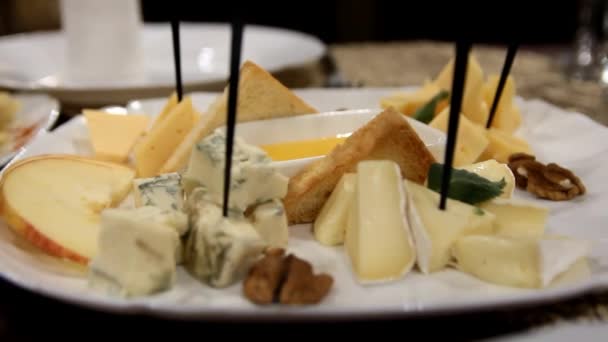 kousky různých druhů sýra a ořechů leží na bílém talíři s lepidlem - Záběry, video