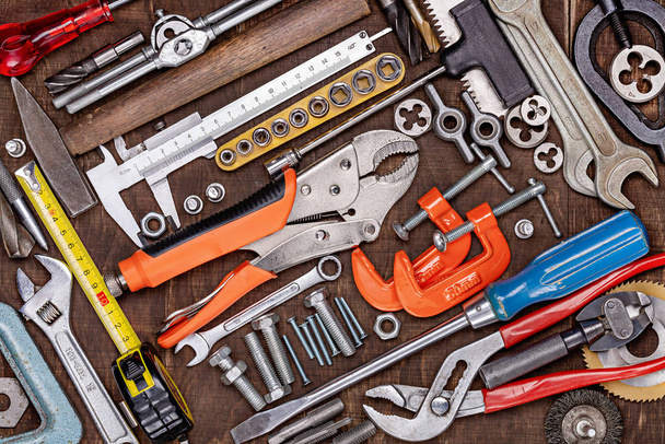 Construction instruments and tools. Set of tools. Home tool kit. Everyday instruments. Work stuff. Mend and repair. - 写真・画像