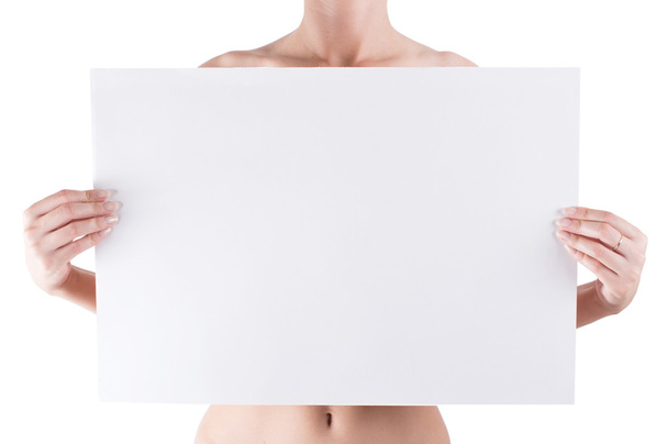 Mujer desnuda sosteniendo tablero blanco vacío en blanco
 - Foto, imagen