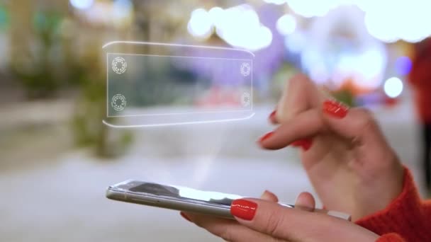 Vrouwelijke handen interageren HUD hologram overstromingen - Video